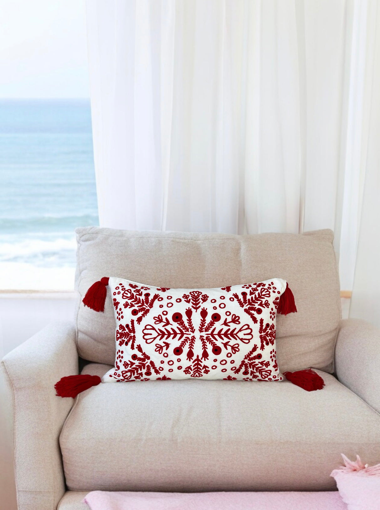 Red & White Embroidered Throw Pillow with Tassels  Handcrafted Elegance for Your Home