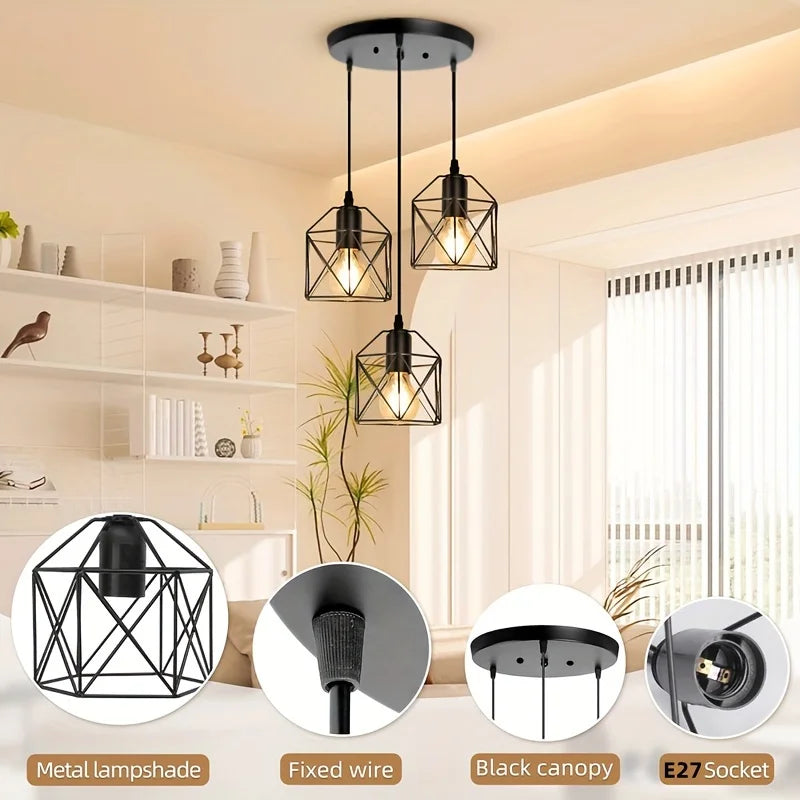 Moktan Sabai Vintage 3-Head Pendant Lamp – Black Metal Ceiling Chandelier E27