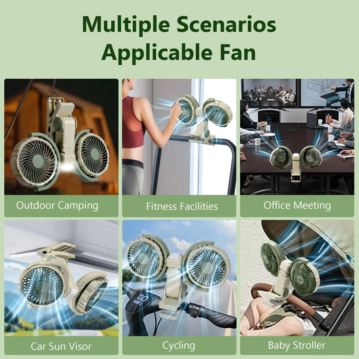 Hipacool Dual Head Car Clip Fan 4000mAh 3-Speed USB