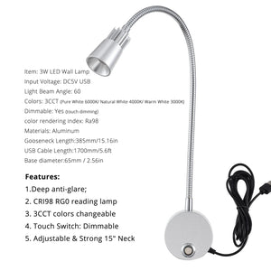 USB Wall Reading Lamp Dimmable Gooseneck Bedside Light 3CCT CRI98