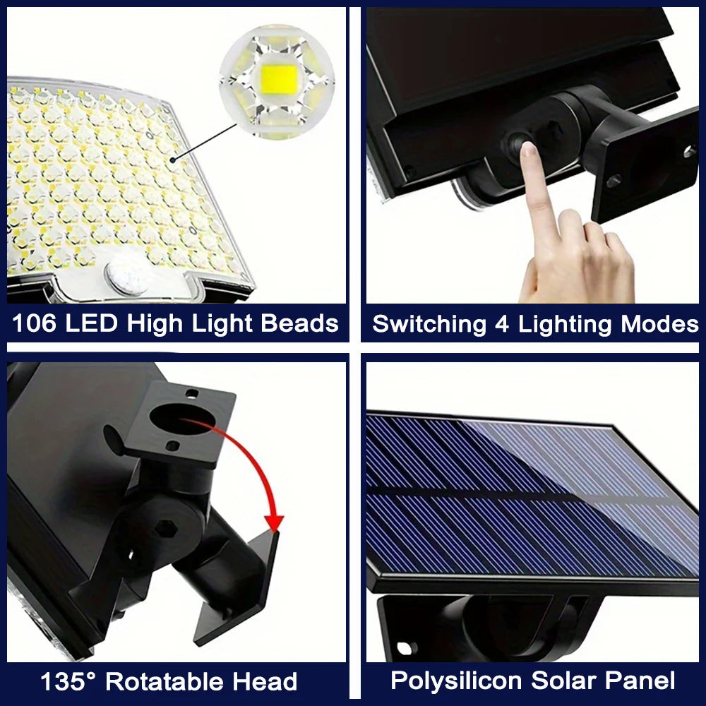 106LED Solar Motion Sensor Outdoor Light Waterproof Security Wall Flood Lamp