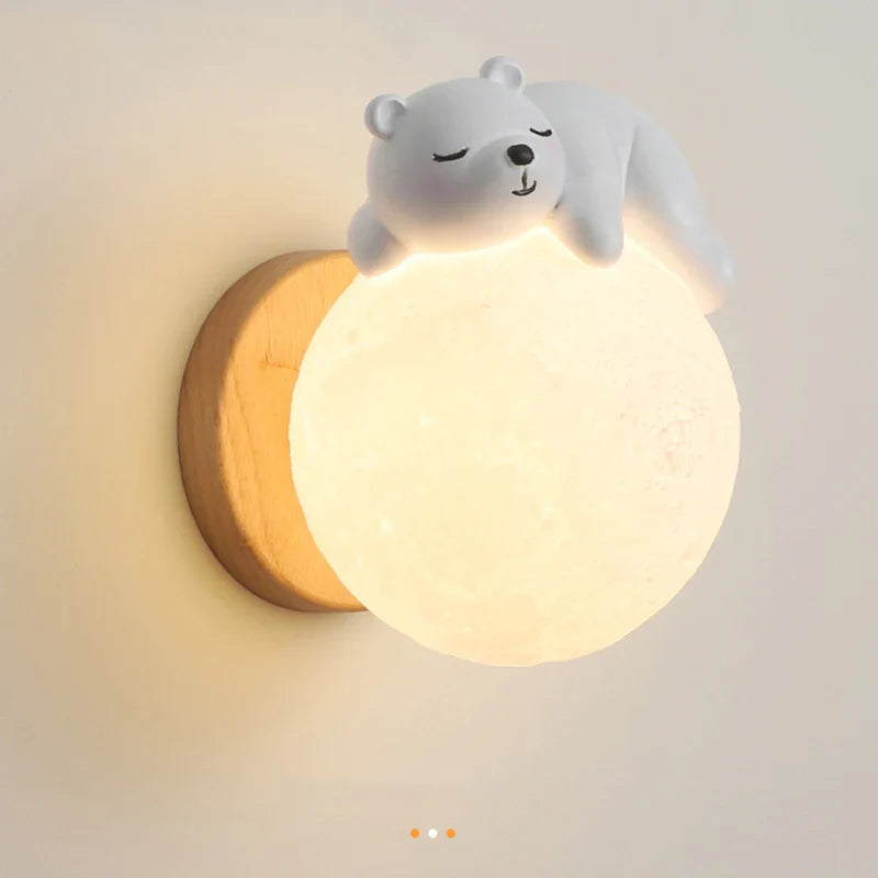 Cute Bear Moon Wall Light Kids Bedroom Nursery Night Light Cartoon Animal Lamp