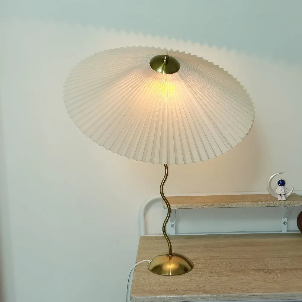 Vintage Pleated Table Lamp Umbrella Squiggle Bedside Night Light Living Room