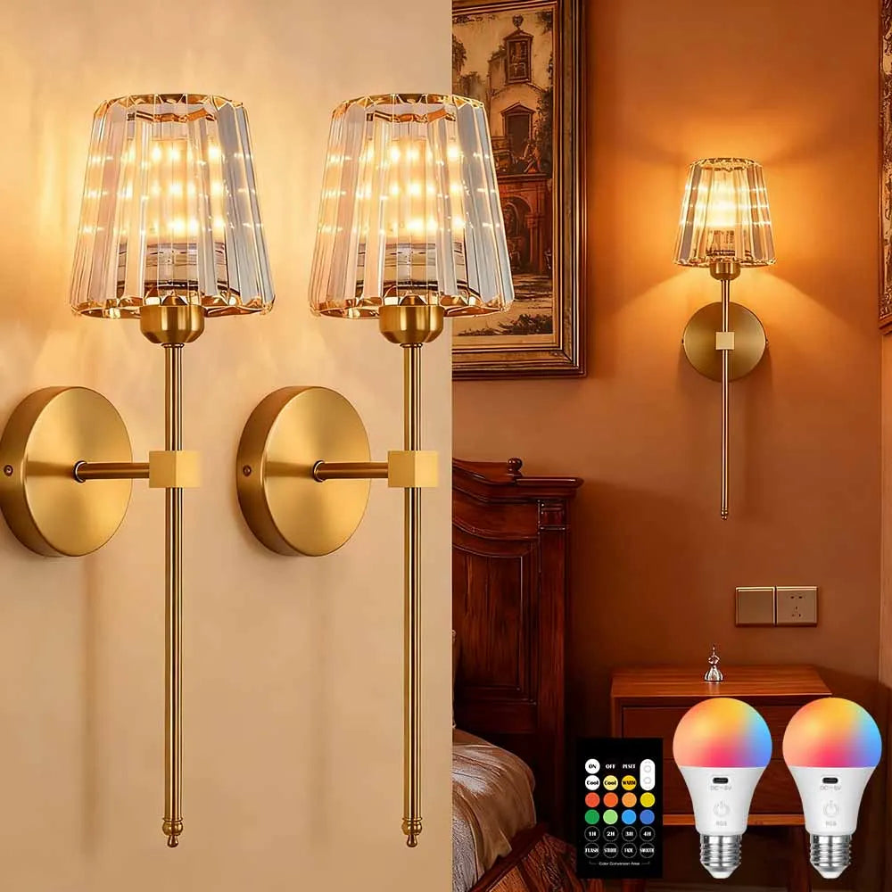 Crystal Wall Lamp 1/2PCS – RGB Dimmable Wireless Sconce with Remote for Bedroom