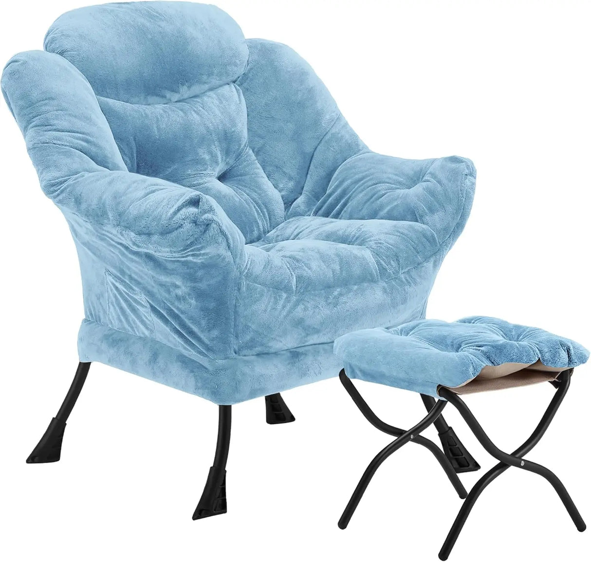 Velvet Lazy Chair with Folding Ottoman Accent Armchair Non-Slip Metal Frame