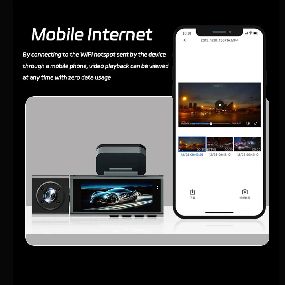 1080P WiFi Dash Cam 3-Way Front Inside Rear Car DVR Night Vision G-Sensor Loop