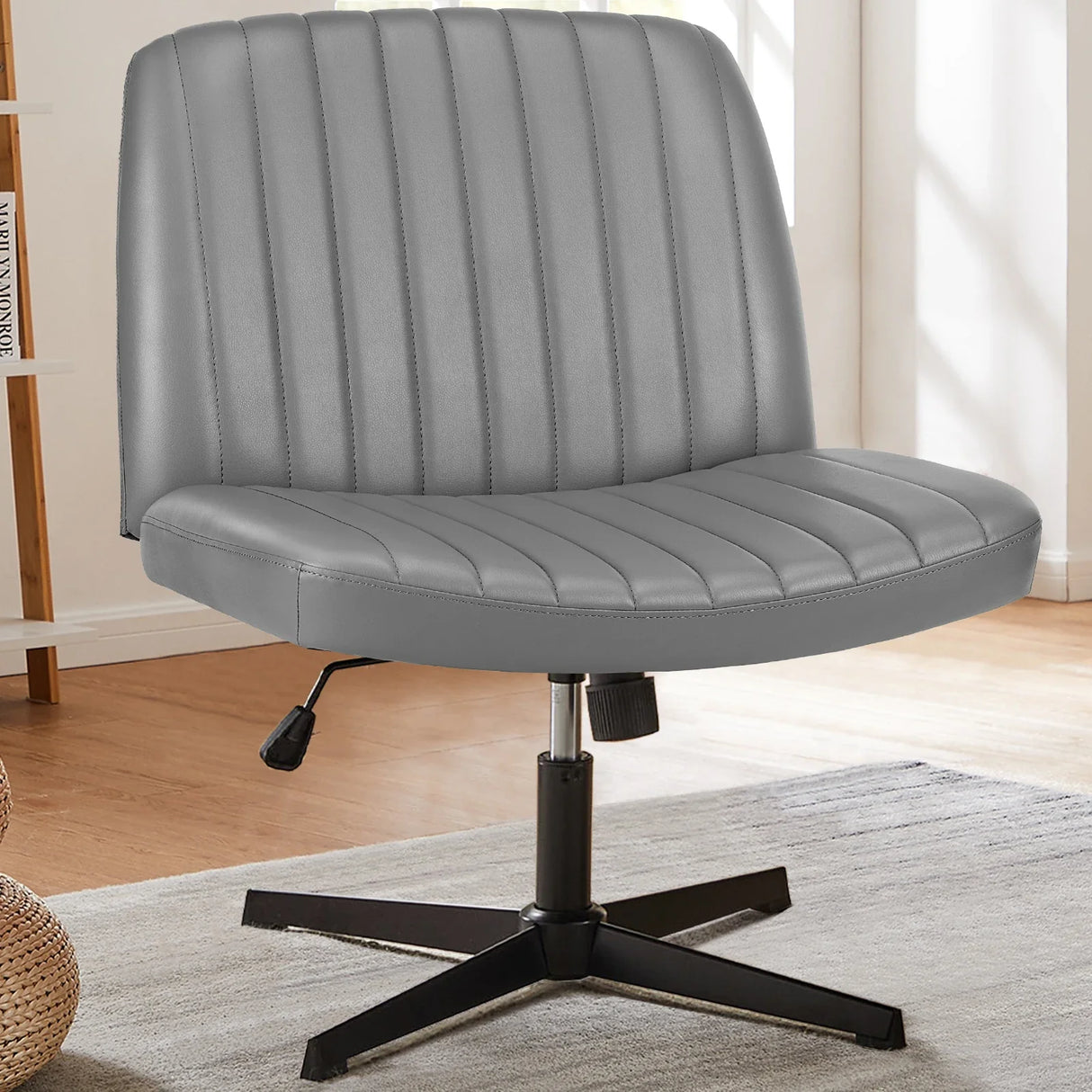 Cross Legged Office Chair Armless Wide Seat Swivel Fabric Desk Vanity Chair