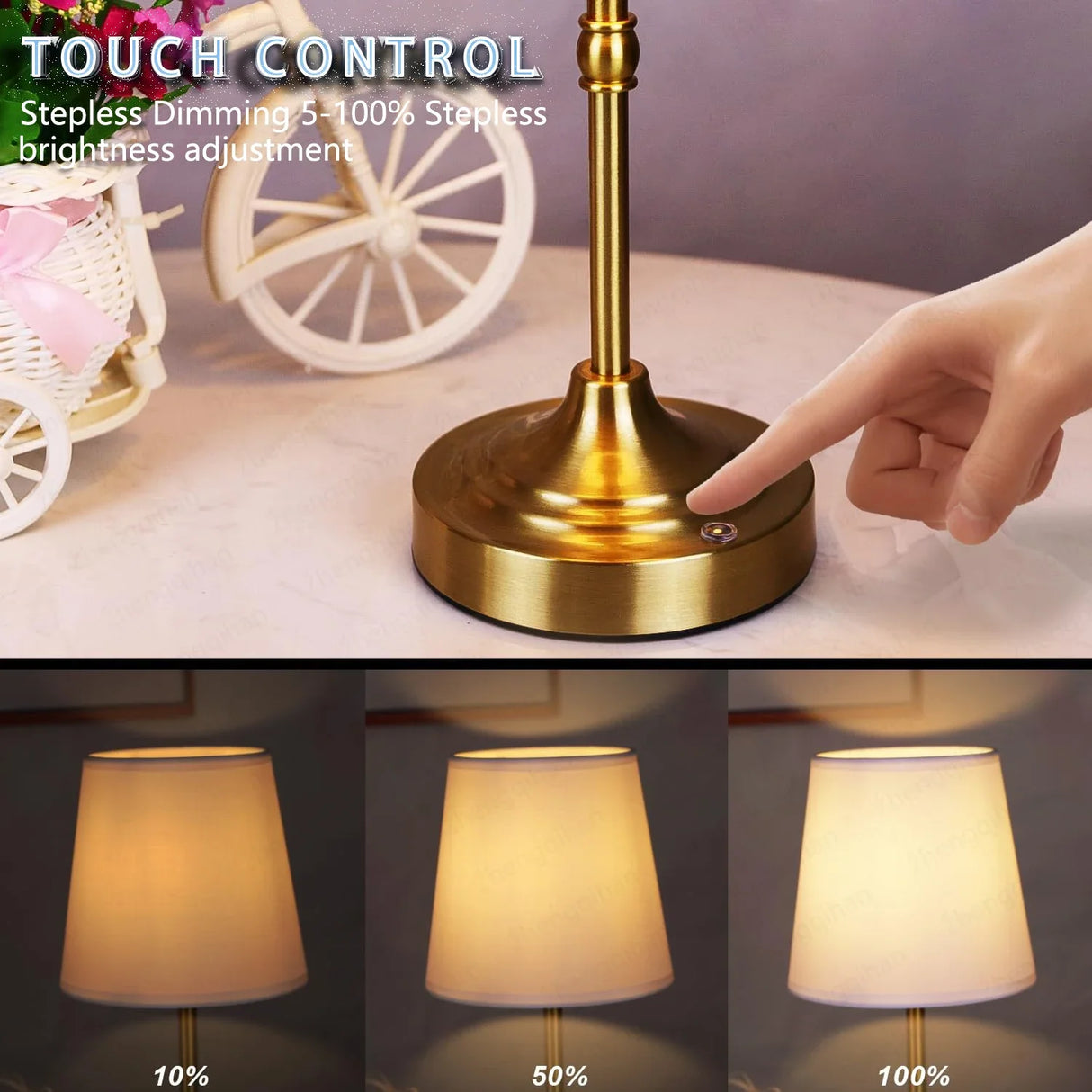 LED Touch Table Lamp Rechargeable Cordless Dimmable Bedside Reading Light