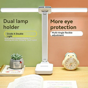 Dual Head LED Desk Lamp USB Rechargeable Foldable Dimmable Reading Light Study