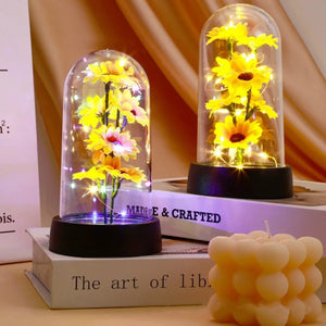 Sunflower LED Glass Dome Night Light Artificial Flower Graduation Gift Home Decor