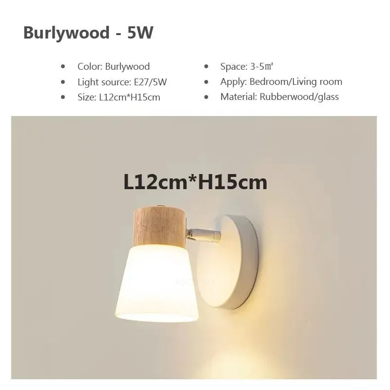 Minimalist Wooden Wall Lamp Double Head Glass Bedside Sconce Bedroom
