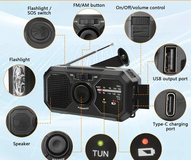 Emergency Solar Hand Crank Radio AM FM Power Bank USB Phone Charger