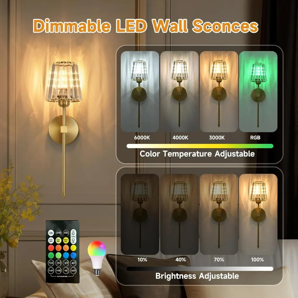 Crystal Wall Lamp 1/2PCS – RGB Dimmable Wireless Sconce with Remote for Bedroom