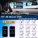 10 Inch 4K Dash Cam Rearview Mirror CarPlay Android Auto GPS WiFi DVR Dual Cam