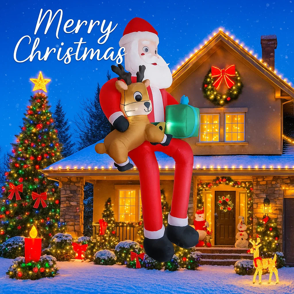 9.5FT Inflatable Christmas Santa Claus with Reindeer LED Outdoor Yard Decor