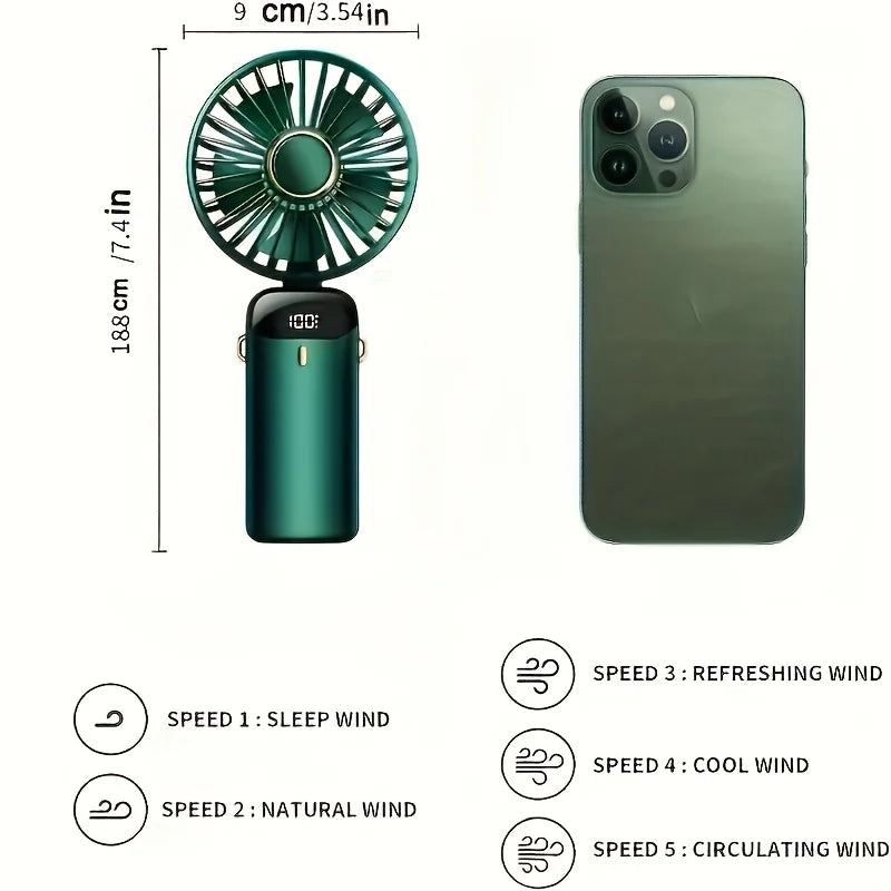 Portable Mini Fan USB Rechargeable 6-Speed Foldable LED Desk Fan