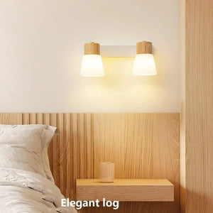 Minimalist Wooden Wall Lamp Double Head Glass Bedside Sconce Bedroom