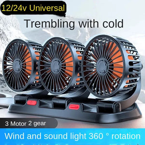 Car Cooling Fan Dual Head 360° Rotating 12V/24V USB