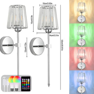 Crystal Wall Lamp 1/2PCS – RGB Dimmable Wireless Sconce with Remote for Bedroom