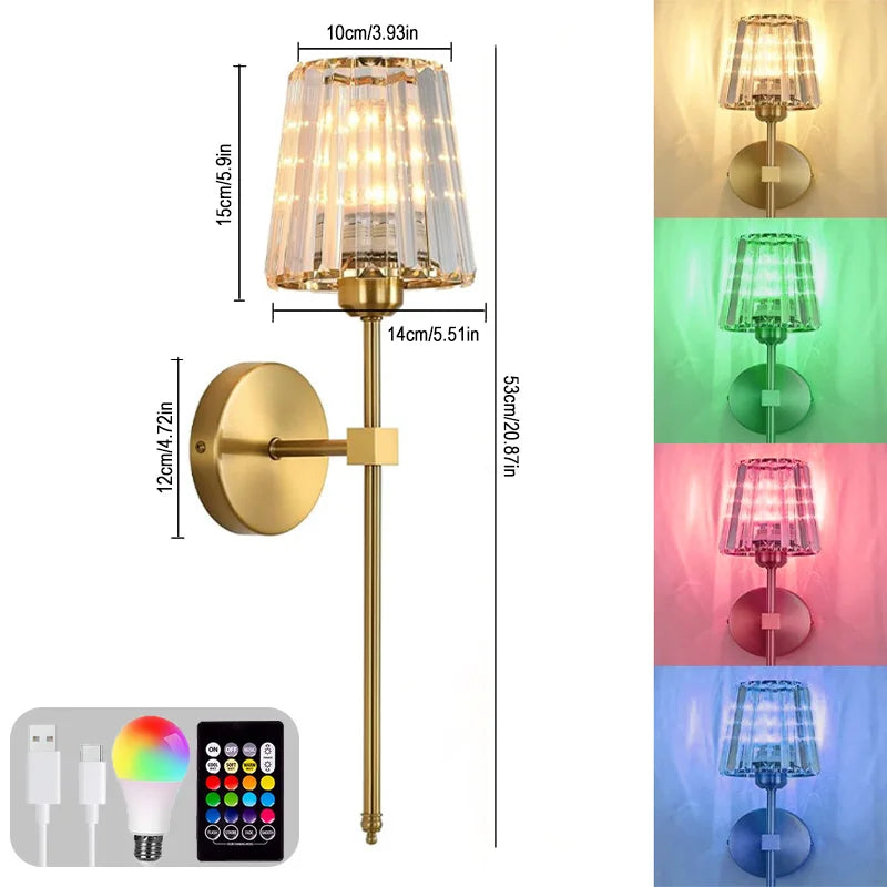 Crystal Wall Lamp 1/2PCS – RGB Dimmable Wireless Sconce with Remote for Bedroom