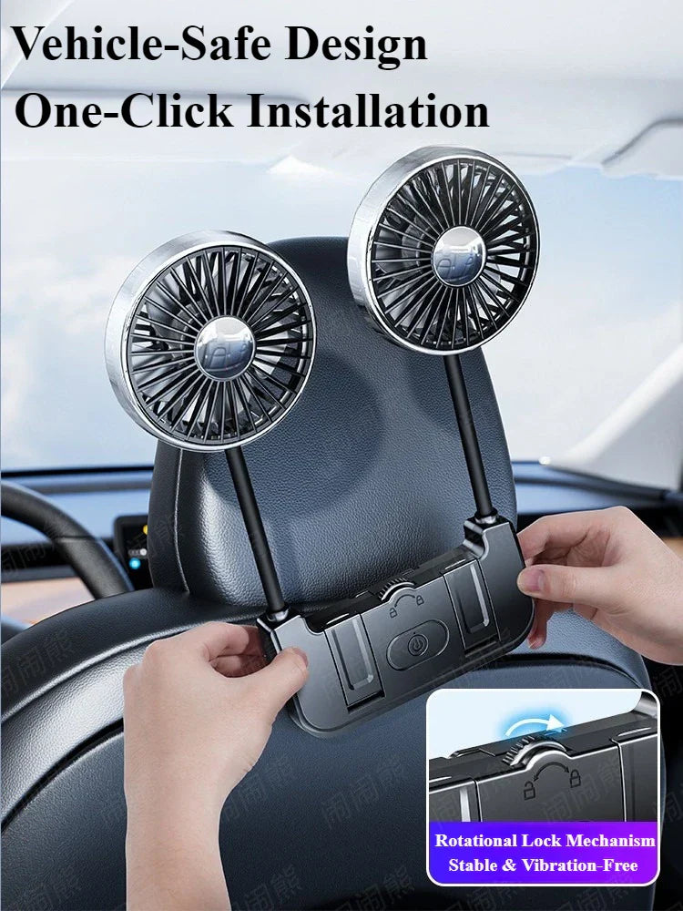 Car Rear Seat Fan Dual Head USB-C 360° Rotation 3-Speed