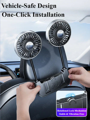 Car Rear Seat Fan Dual Head USB-C 360° Rotation 3-Speed