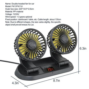 Dual Head Car Cooling Fan 12V/24V 3-Speed with Remote