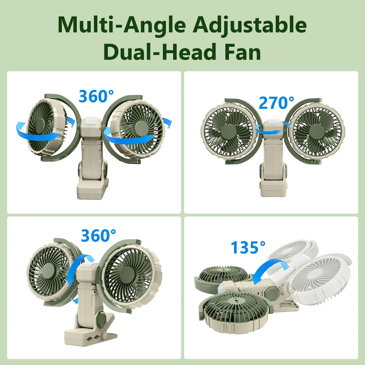 Hipacool Dual Head Car Clip Fan 4000mAh 3-Speed USB