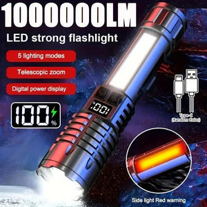 High Power LED Flashlight Type C Rechargeable COB Torch Side Light Camping