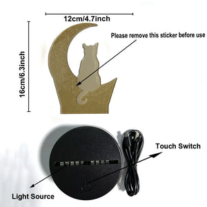 Moon Cat 3D Night Light Optical Illusion Lamp 7-Color Touch Bedroom Decor Lamp