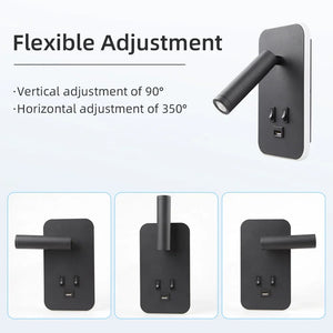 Bedside LED Wall Reading Lamp with USB Port Switch Rotatable Wall Sconce
