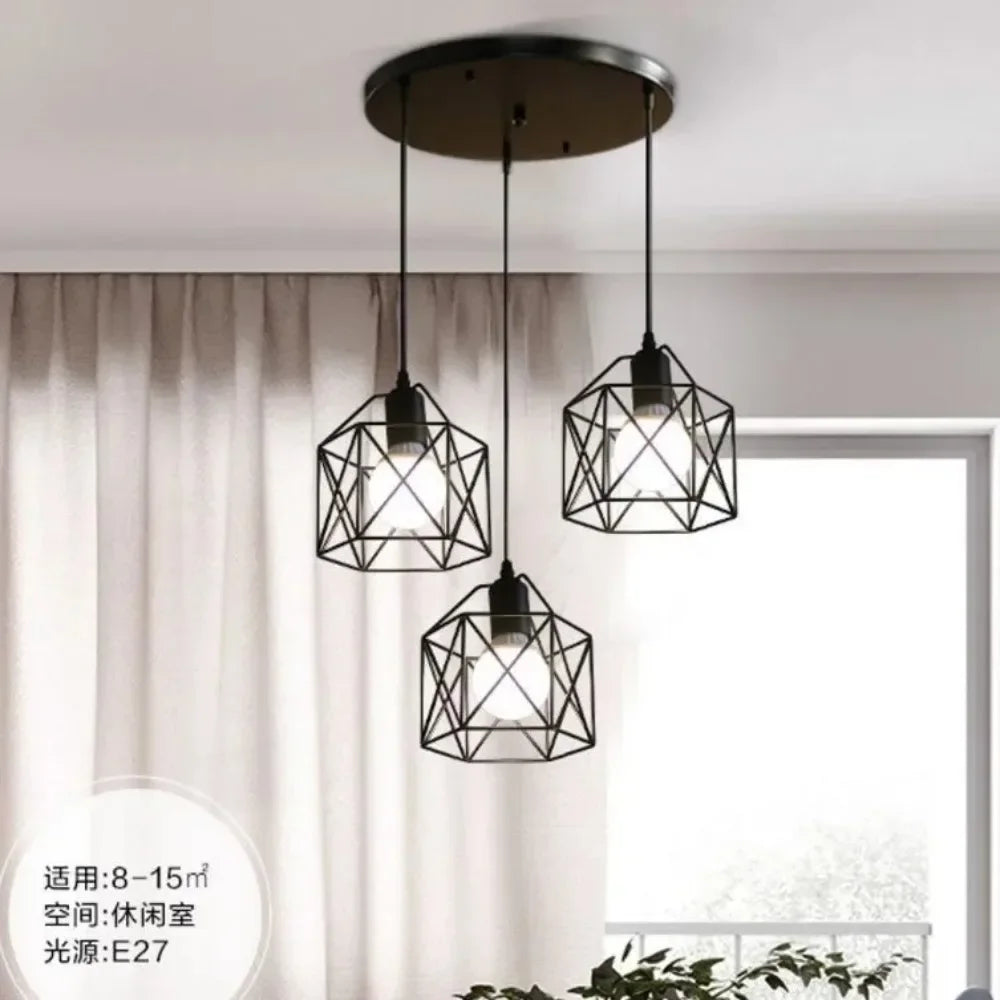 Industrial LED Pendant Light – Modern Metal Cage Hanging Lamp for Dining Room