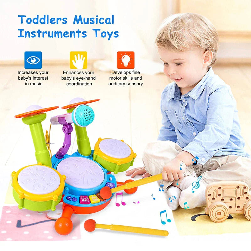 Toddler Drum Set with Microphone Kids Musical Toy 1-3 Years Lights