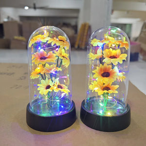 Sunflower LED Glass Dome Night Light Artificial Flower Graduation Gift Home Decor