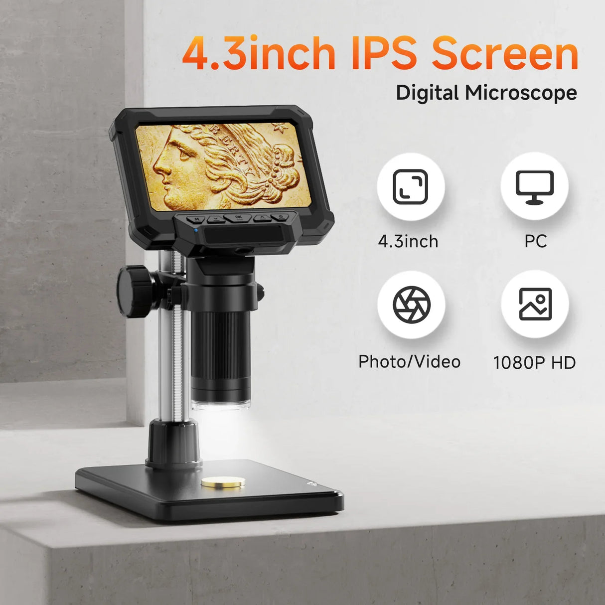 1600X Digital Microscope 4.3 Inch IPS Screen Coin Magnifier 1080P LED