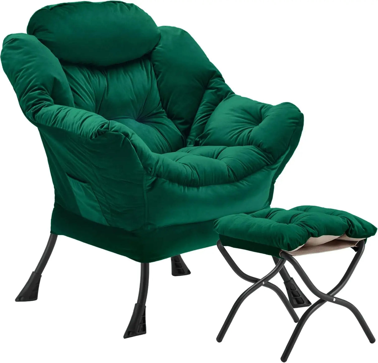 Velvet Lazy Chair with Folding Ottoman Accent Armchair Non-Slip Metal Frame