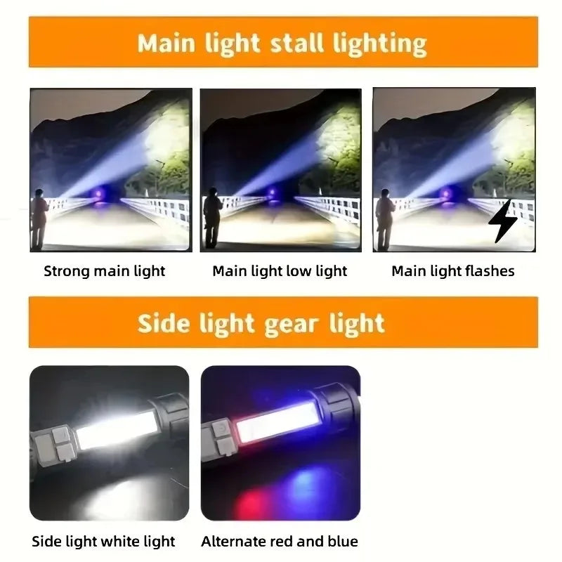 High Power LED Flashlight Type C Rechargeable COB Torch Side Light Camping