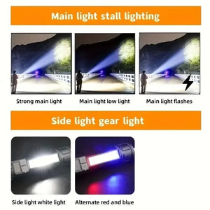 High Power LED Flashlight Type C Rechargeable COB Torch Side Light Camping