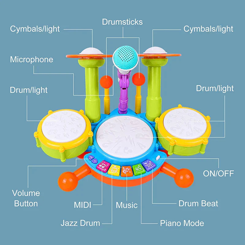 Toddler Drum Set with Microphone Kids Musical Toy 1-3 Years Lights