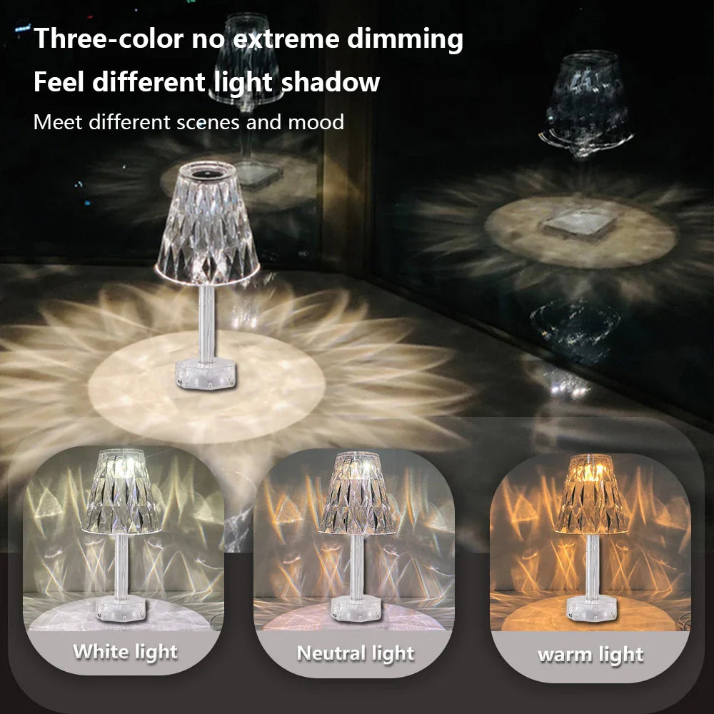 Diamond Crystal Projection Night Light USB Touch Control Bedside Desk Lamp Decor