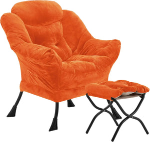Velvet Lazy Chair with Folding Ottoman Accent Armchair Non-Slip Metal Frame