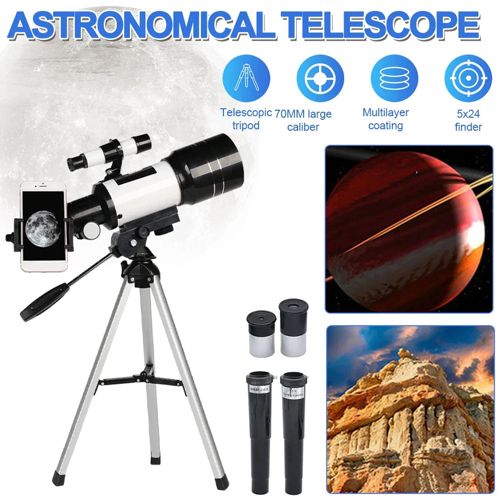 150X Astronomical Telescope 70mm Aperture Portable Refractor with Phone Adapter