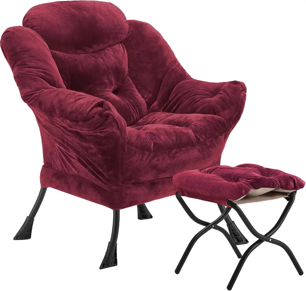 Velvet Lazy Chair with Folding Ottoman Accent Armchair Non-Slip Metal Frame