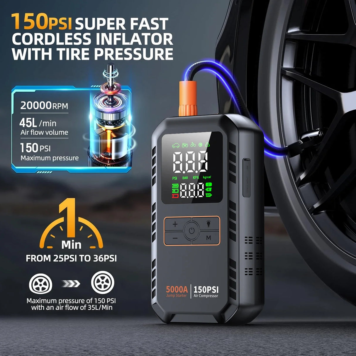 4 in 1 Car Jump Starter 5000A with Air Compressor 150PSI Tire Inflator
