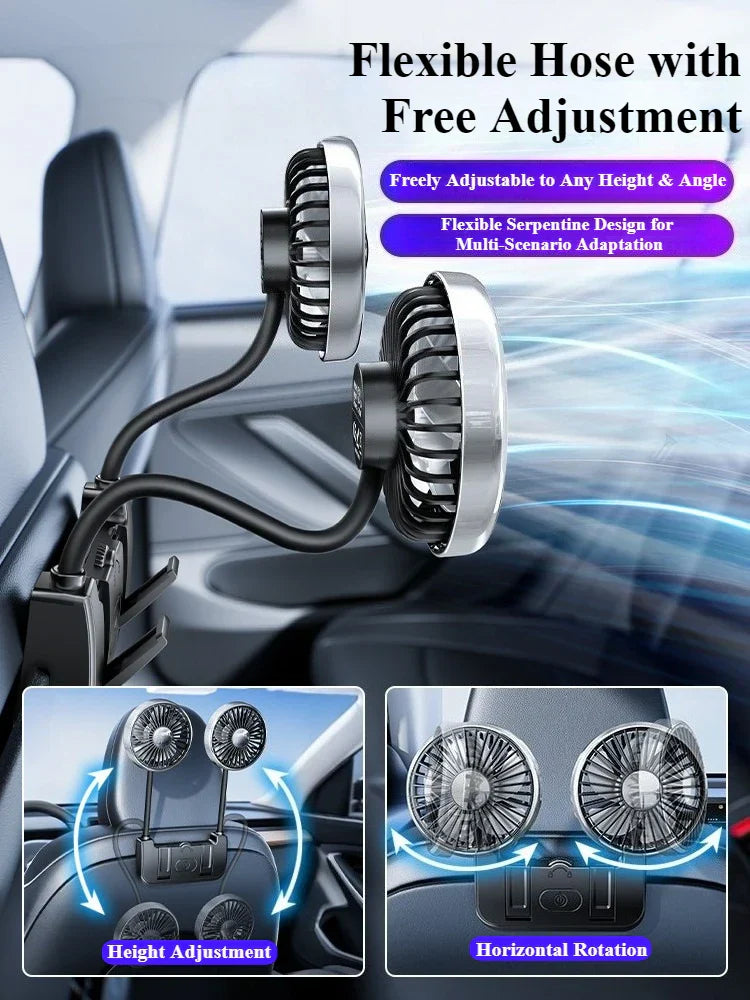 Car Rear Seat Fan Dual Head USB-C 360° Rotation 3-Speed