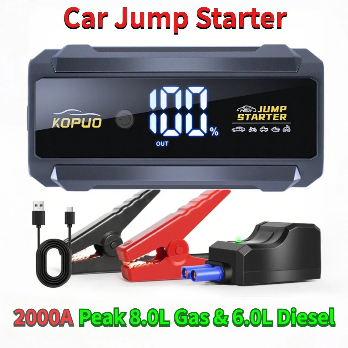 2000A Car Jump Starter Power Bank 12V Emergency Booster for Gas Diesel