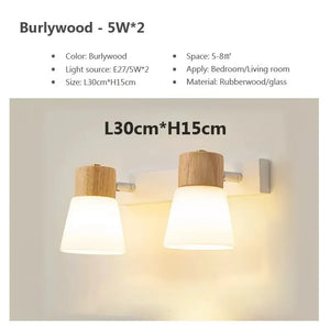 Minimalist Wooden Wall Lamp Double Head Glass Bedside Sconce Bedroom