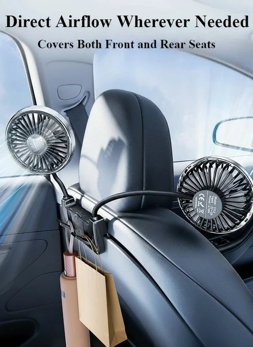 Car Rear Seat Fan Dual Head USB-C 360° Rotation 3-Speed