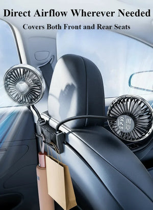 Car Rear Seat Fan Dual Head USB-C 360° Rotation 3-Speed