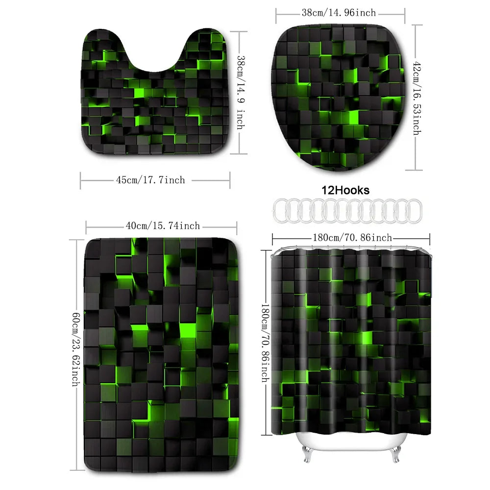 4-Piece Waterproof Shower Curtain Set with Hooks & Bathroom Floor Mats Blue Black